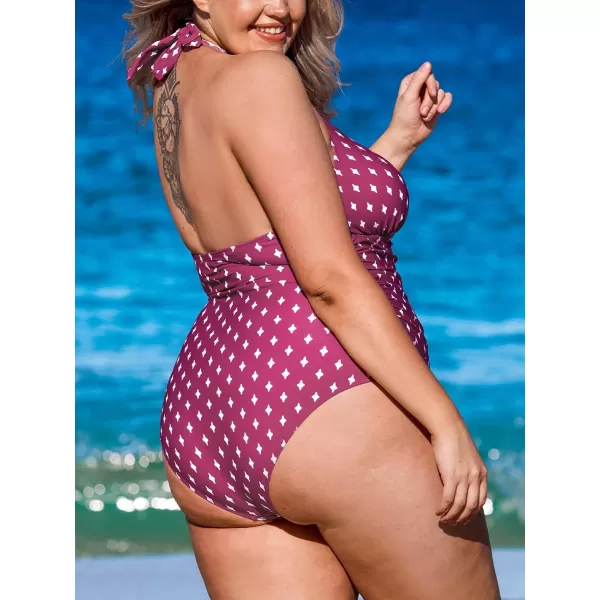 imageCUPSHE Women V Neck One Piece Swimsuit Halter Backless Ruched Tummy Control Bathing SuitPmaroon Geometric