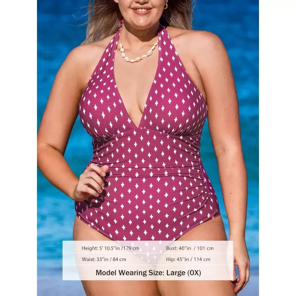 imageCUPSHE Women V Neck One Piece Swimsuit Halter Backless Ruched Tummy Control Bathing SuitPmaroon Geometric