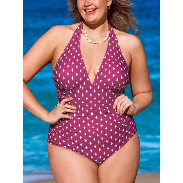 imageCUPSHE Women V Neck One Piece Swimsuit Halter Backless Ruched Tummy Control Bathing SuitPmaroon Geometric