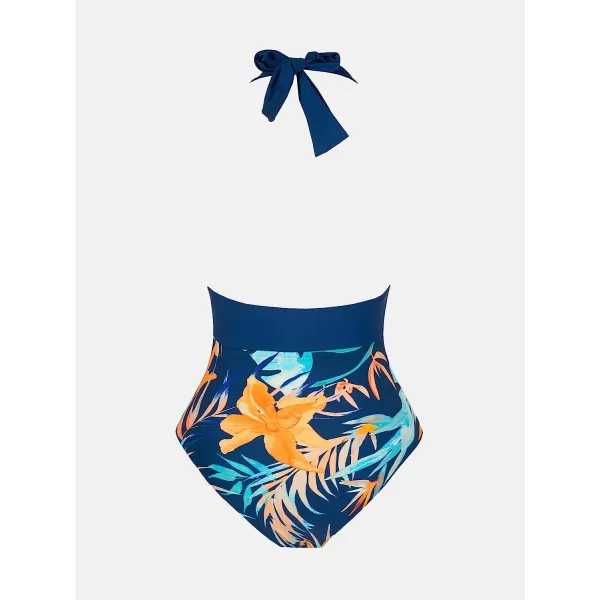 imageCUPSHE Women V Neck One Piece Swimsuit Halter Backless Ruched Tummy Control Bathing SuitPrussian  Floral