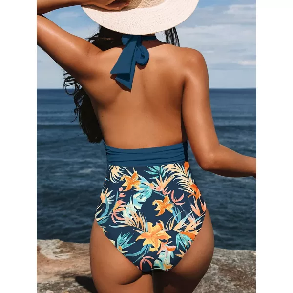 imageCUPSHE Women V Neck One Piece Swimsuit Halter Backless Ruched Tummy Control Bathing SuitPrussian  Floral