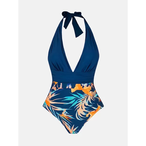 imageCUPSHE Women V Neck One Piece Swimsuit Halter Backless Ruched Tummy Control Bathing SuitPrussian  Floral