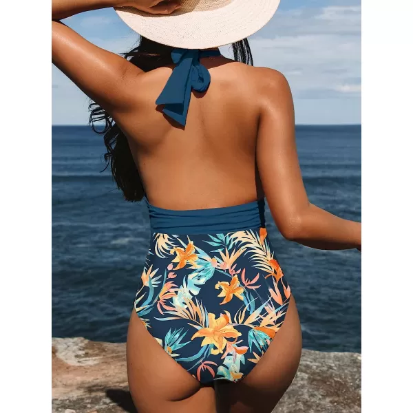 imageCUPSHE Women V Neck One Piece Swimsuit Halter Backless Ruched Tummy Control Bathing SuitPrussian  Floral