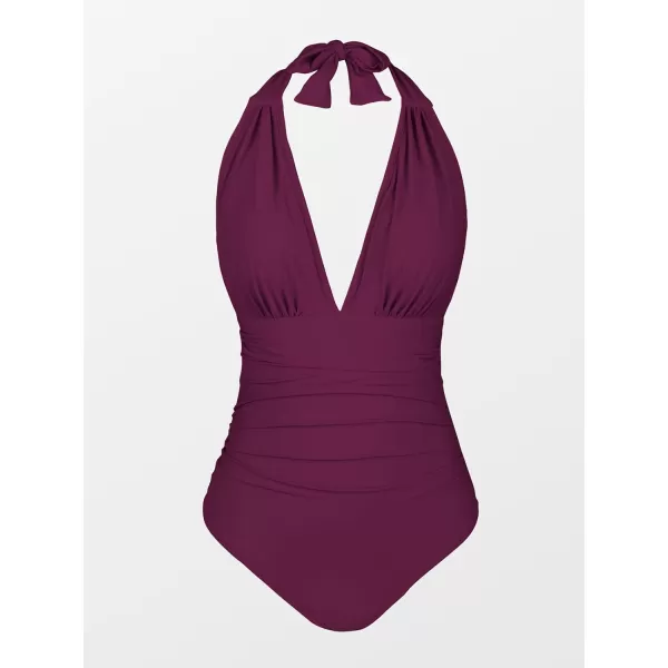 imageCUPSHE Women V Neck One Piece Swimsuit Halter Backless Ruched Tummy Control Bathing SuitPurple