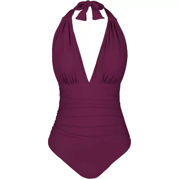 imageCUPSHE Women V Neck One Piece Swimsuit Halter Backless Ruched Tummy Control Bathing SuitPurple