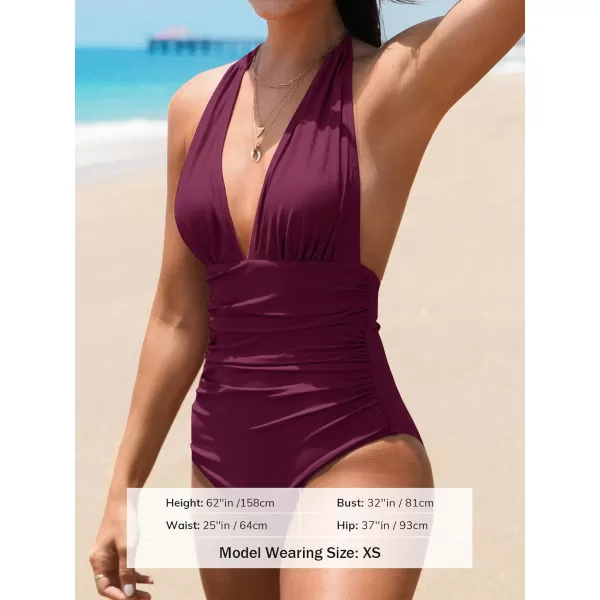 imageCUPSHE Women V Neck One Piece Swimsuit Halter Backless Ruched Tummy Control Bathing SuitPurple