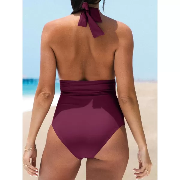 imageCUPSHE Women V Neck One Piece Swimsuit Halter Backless Ruched Tummy Control Bathing SuitPurple