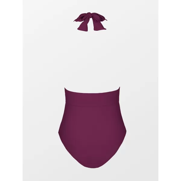 imageCUPSHE Women V Neck One Piece Swimsuit Halter Backless Ruched Tummy Control Bathing SuitPurple