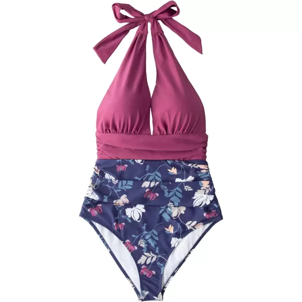 imageCUPSHE Women V Neck One Piece Swimsuit Halter Backless Ruched Tummy Control Bathing SuitRegular Persian Luxury Purple