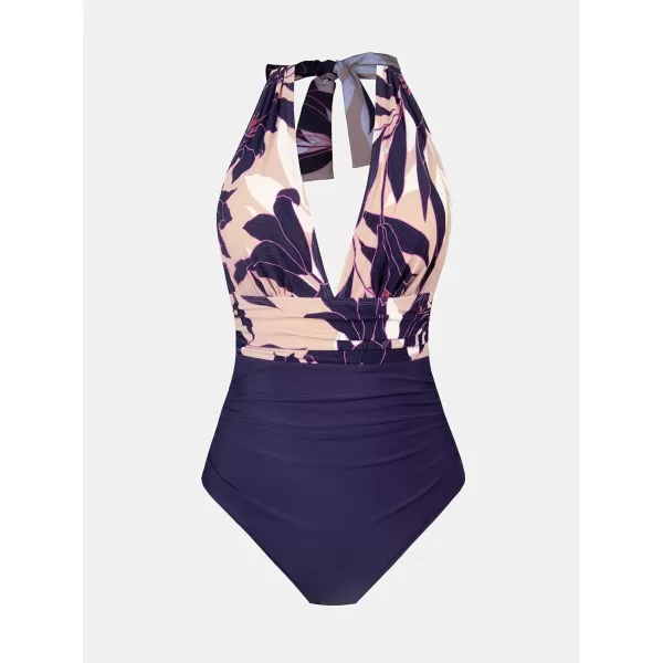 imageCUPSHE Women V Neck One Piece Swimsuit Halter Backless Ruched Tummy Control Bathing SuitRegular Purple  Tropical