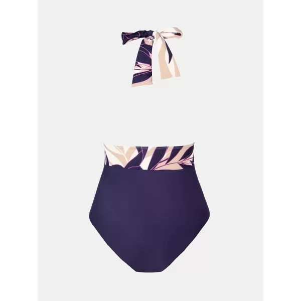 imageCUPSHE Women V Neck One Piece Swimsuit Halter Backless Ruched Tummy Control Bathing SuitRegular Purple  Tropical