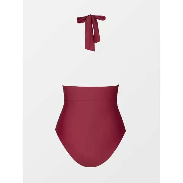 imageCUPSHE Women V Neck One Piece Swimsuit Halter Backless Ruched Tummy Control Bathing SuitRegular Wine Red