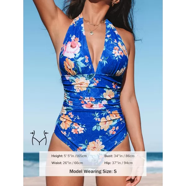 imageCUPSHE Women V Neck One Piece Swimsuit Halter Backless Ruched Tummy Control Bathing SuitRoyal BlueFloral