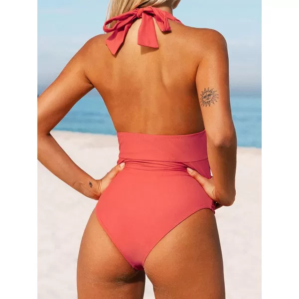 imageCUPSHE Women V Neck One Piece Swimsuit Halter Backless Ruched Tummy Control Bathing SuitRust Red