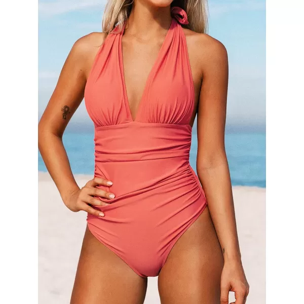 imageCUPSHE Women V Neck One Piece Swimsuit Halter Backless Ruched Tummy Control Bathing SuitRust Red