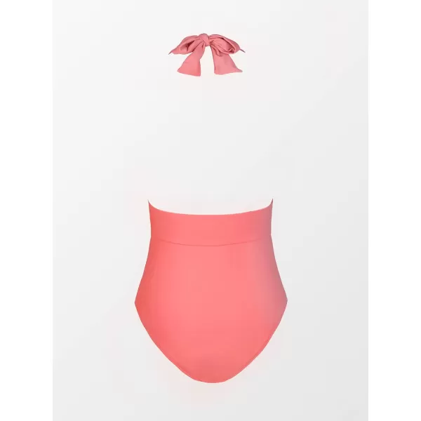 imageCUPSHE Women V Neck One Piece Swimsuit Halter Backless Ruched Tummy Control Bathing SuitRust Red