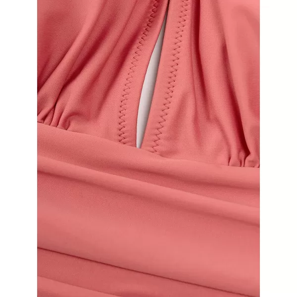 imageCUPSHE Women V Neck One Piece Swimsuit Halter Backless Ruched Tummy Control Bathing SuitRust Red