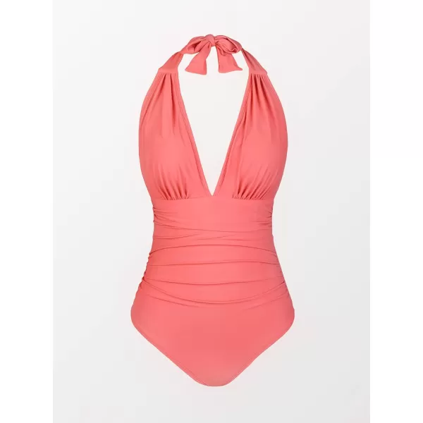 imageCUPSHE Women V Neck One Piece Swimsuit Halter Backless Ruched Tummy Control Bathing SuitRust Red
