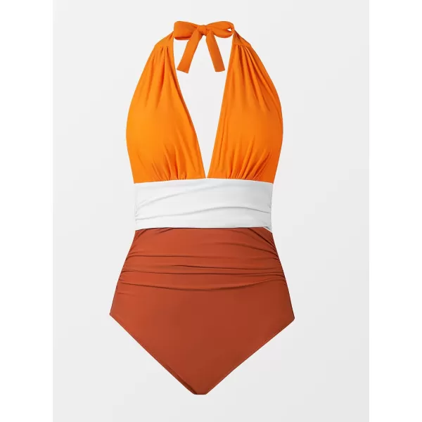 imageCUPSHE Women V Neck One Piece Swimsuit Halter Backless Ruched Tummy Control Bathing SuitSunset Orange