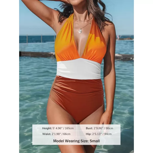 imageCUPSHE Women V Neck One Piece Swimsuit Halter Backless Ruched Tummy Control Bathing SuitSunset Orange