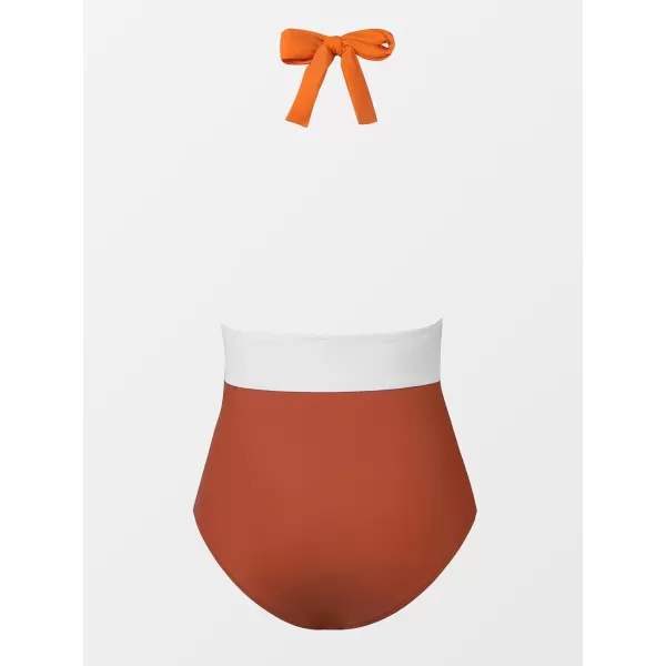 imageCUPSHE Women V Neck One Piece Swimsuit Halter Backless Ruched Tummy Control Bathing SuitSunset Orange