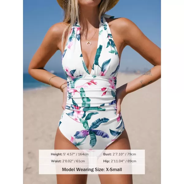 imageCUPSHE Women V Neck One Piece Swimsuit Halter Backless Ruched Tummy Control Bathing SuitWhite  Floral