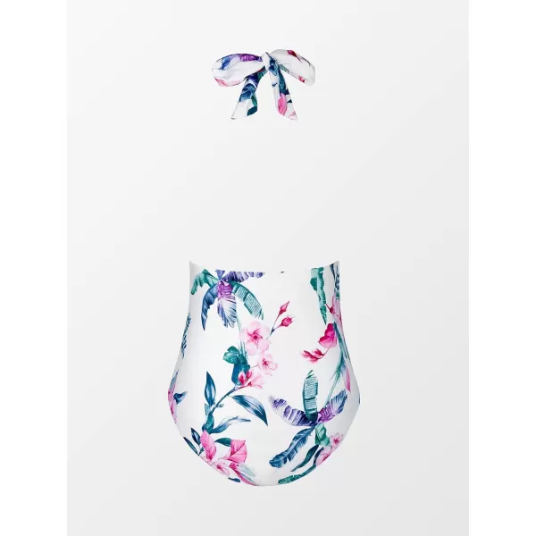 imageCUPSHE Women V Neck One Piece Swimsuit Halter Backless Ruched Tummy Control Bathing SuitWhite  Floral