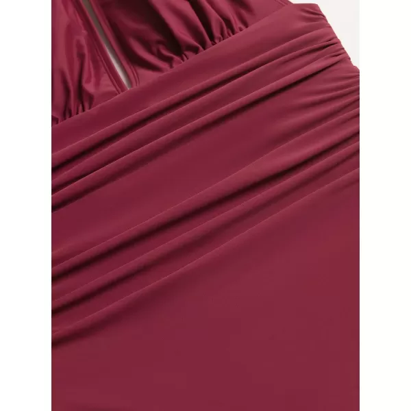 imageCUPSHE Women V Neck One Piece Swimsuit Halter Backless Ruched Tummy Control Bathing SuitWine Red