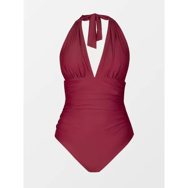 imageCUPSHE Women V Neck One Piece Swimsuit Halter Backless Ruched Tummy Control Bathing SuitWine Red