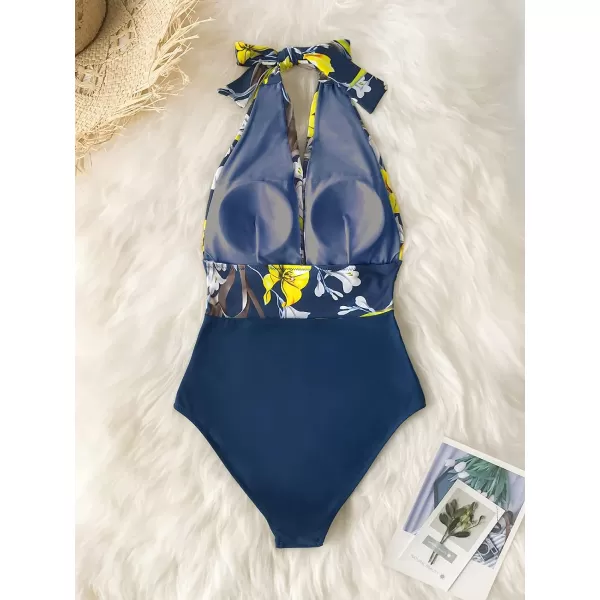 imageCUPSHE Women V Neck One Piece Swimsuit Halter Backless Ruched Tummy Control Bathing SuitYellow Floral