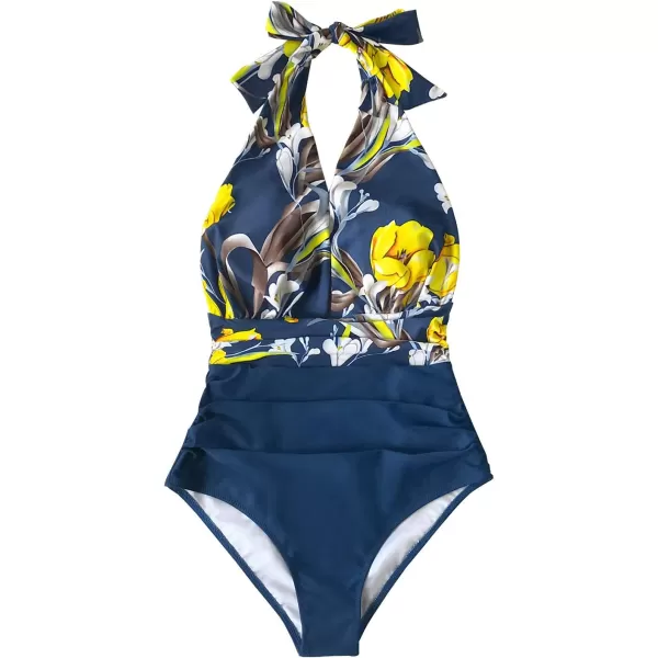 imageCUPSHE Women V Neck One Piece Swimsuit Halter Backless Ruched Tummy Control Bathing SuitYellow Floral
