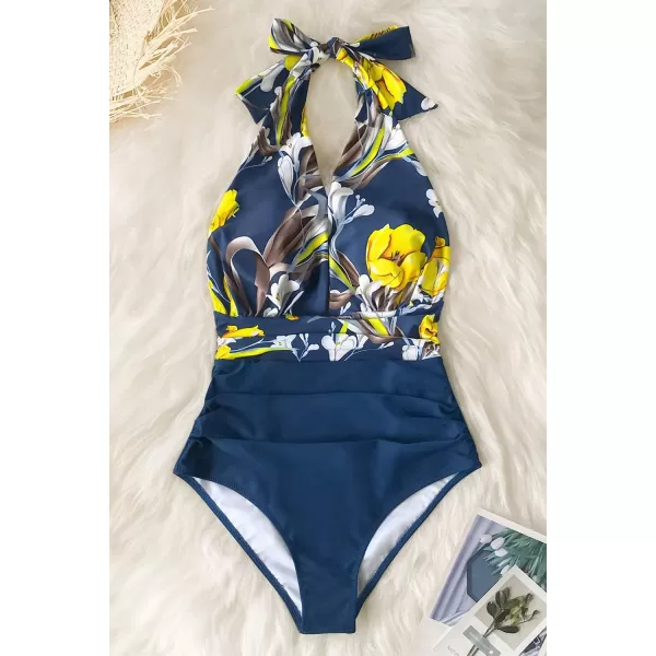 imageCUPSHE Women V Neck One Piece Swimsuit Halter Backless Ruched Tummy Control Bathing SuitYellow Floral