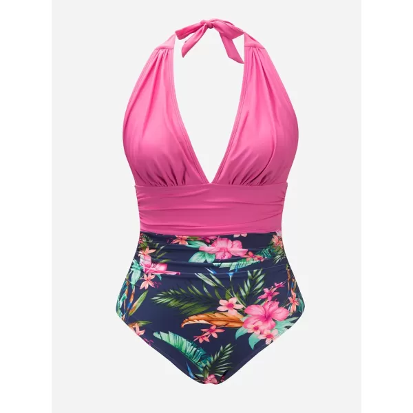 imageCUPSHE Women V Neck One Piece Swimsuit Halter Backless Ruched Tummy Control Bathing Suitplussize Pmagenta Floral