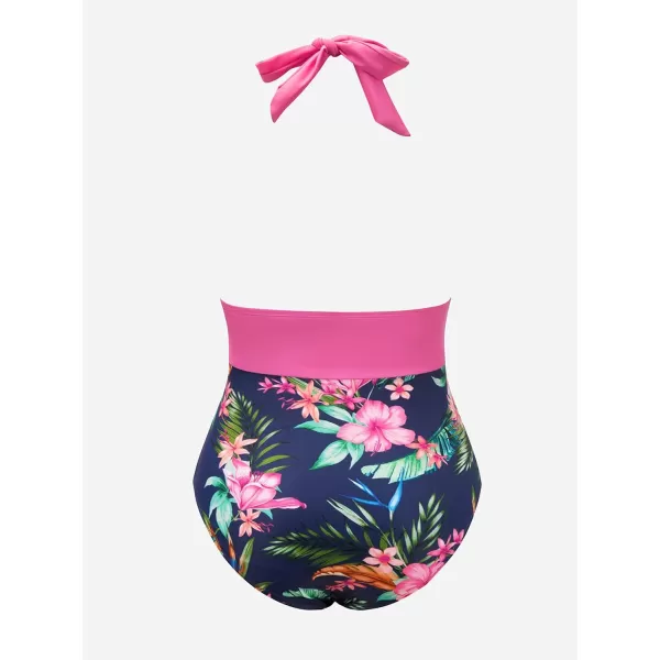 imageCUPSHE Women V Neck One Piece Swimsuit Halter Backless Ruched Tummy Control Bathing Suitplussize Pmagenta Floral