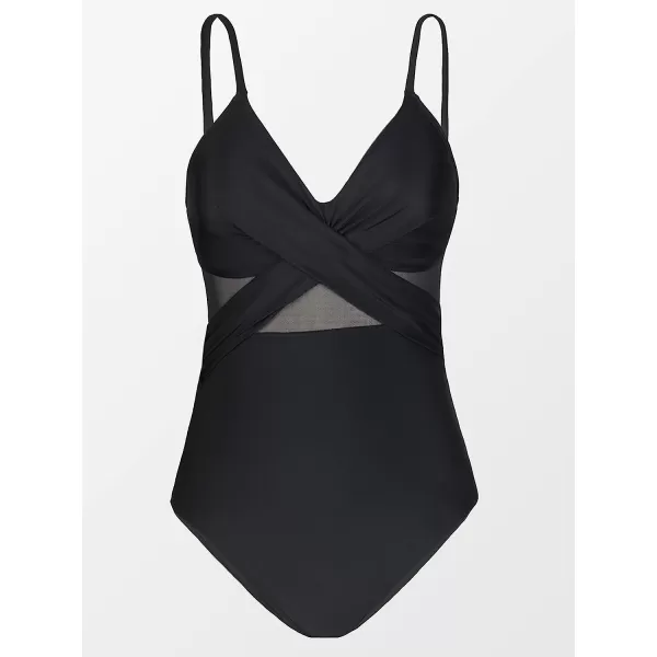 imageCUPSHE Women V Neck One Piece Swimsuit Wrapped Mesh Tummy Control Bathing Suit with Adjustable Spaghetti StrapsBlack