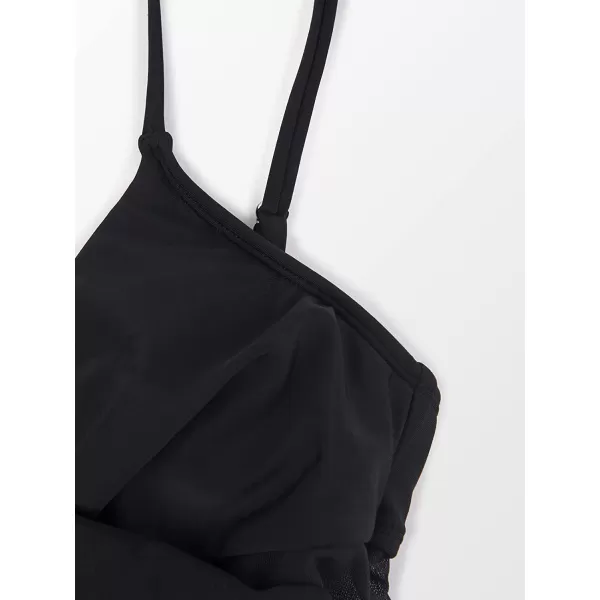 imageCUPSHE Women V Neck One Piece Swimsuit Wrapped Mesh Tummy Control Bathing Suit with Adjustable Spaghetti StrapsBlack
