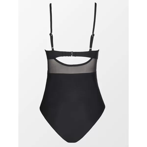 imageCUPSHE Women V Neck One Piece Swimsuit Wrapped Mesh Tummy Control Bathing Suit with Adjustable Spaghetti StrapsBlack