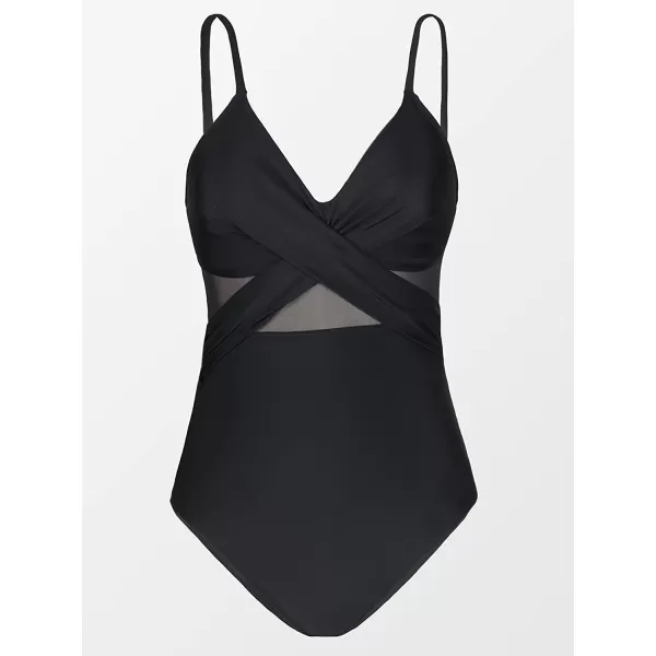 imageCUPSHE Women V Neck One Piece Swimsuit Wrapped Mesh Tummy Control Bathing Suit with Adjustable Spaghetti StrapsBlack