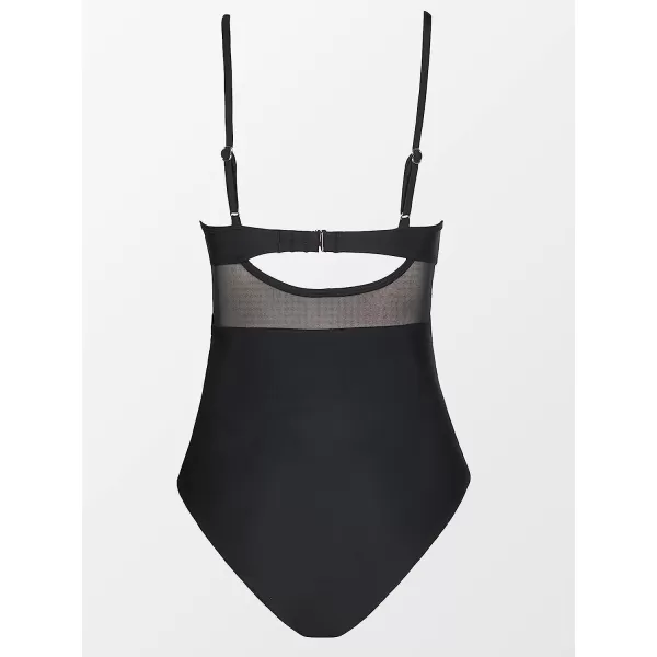 imageCUPSHE Women V Neck One Piece Swimsuit Wrapped Mesh Tummy Control Bathing Suit with Adjustable Spaghetti StrapsBlack