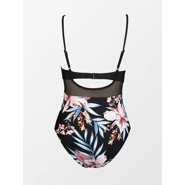 imageCUPSHE Women V Neck One Piece Swimsuit Wrapped Mesh Tummy Control Bathing Suit with Adjustable Spaghetti StrapsBlackFloral