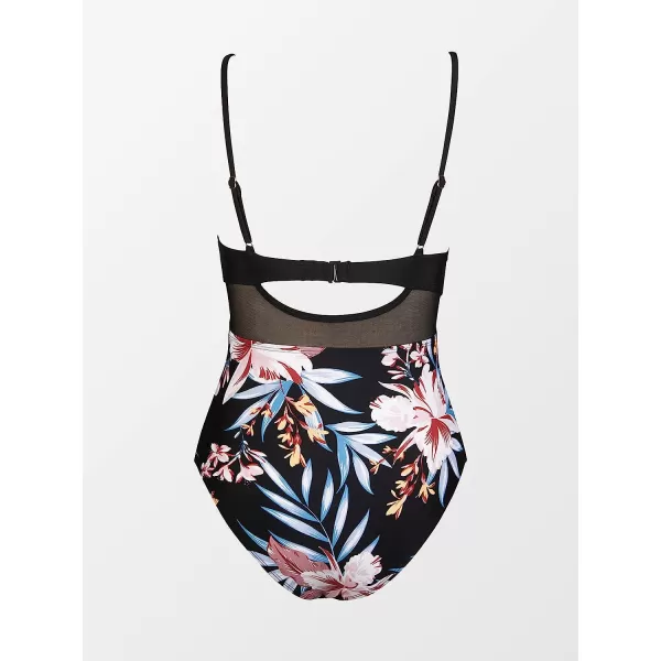 imageCUPSHE Women V Neck One Piece Swimsuit Wrapped Mesh Tummy Control Bathing Suit with Adjustable Spaghetti StrapsBlackFloral