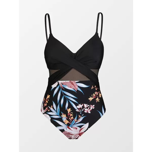 imageCUPSHE Women V Neck One Piece Swimsuit Wrapped Mesh Tummy Control Bathing Suit with Adjustable Spaghetti StrapsBlackFloral