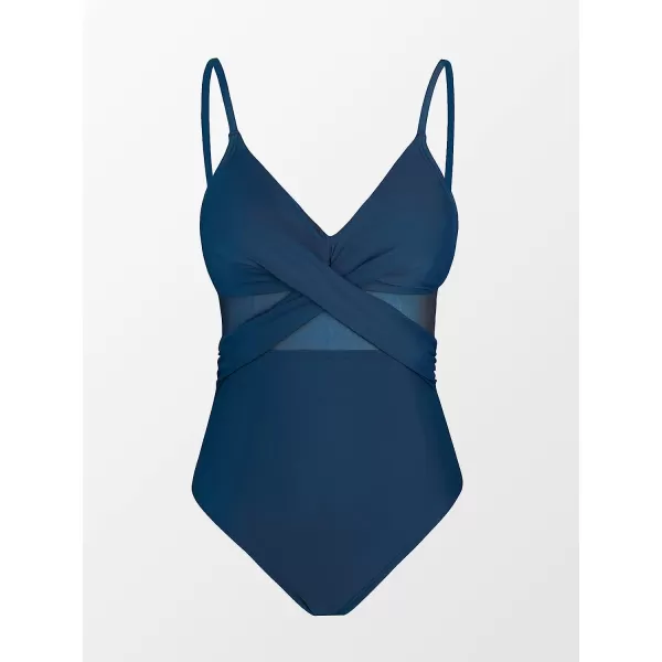 imageCUPSHE Women V Neck One Piece Swimsuit Wrapped Mesh Tummy Control Bathing Suit with Adjustable Spaghetti StrapsDark Blue