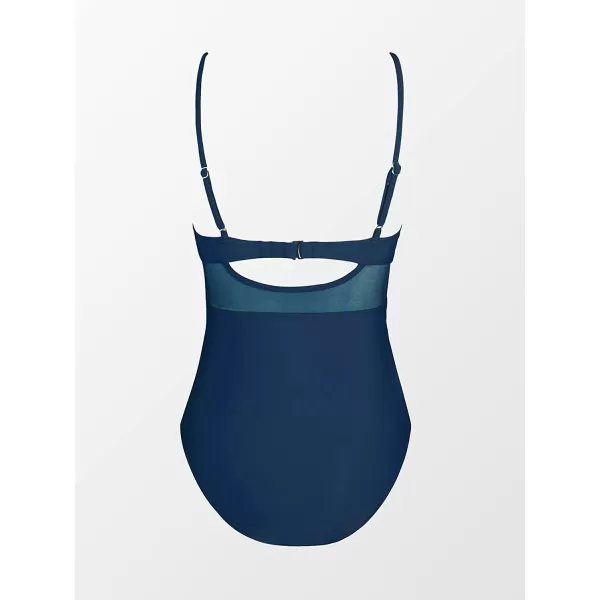 imageCUPSHE Women V Neck One Piece Swimsuit Wrapped Mesh Tummy Control Bathing Suit with Adjustable Spaghetti StrapsDark Blue