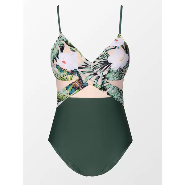imageCUPSHE Women V Neck One Piece Swimsuit Wrapped Mesh Tummy Control Bathing Suit with Adjustable Spaghetti StrapsGreen