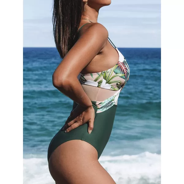 imageCUPSHE Women V Neck One Piece Swimsuit Wrapped Mesh Tummy Control Bathing Suit with Adjustable Spaghetti StrapsGreen
