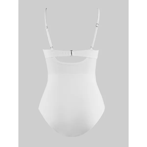imageCUPSHE Women V Neck One Piece Swimsuit Wrapped Mesh Tummy Control Bathing Suit with Adjustable Spaghetti StrapsWhite
