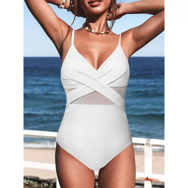 imageCUPSHE Women V Neck One Piece Swimsuit Wrapped Mesh Tummy Control Bathing Suit with Adjustable Spaghetti StrapsWhite