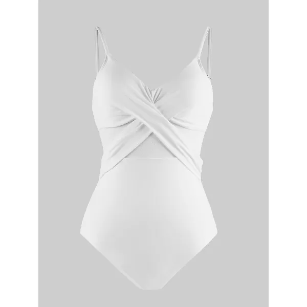 imageCUPSHE Women V Neck One Piece Swimsuit Wrapped Mesh Tummy Control Bathing Suit with Adjustable Spaghetti StrapsWhite