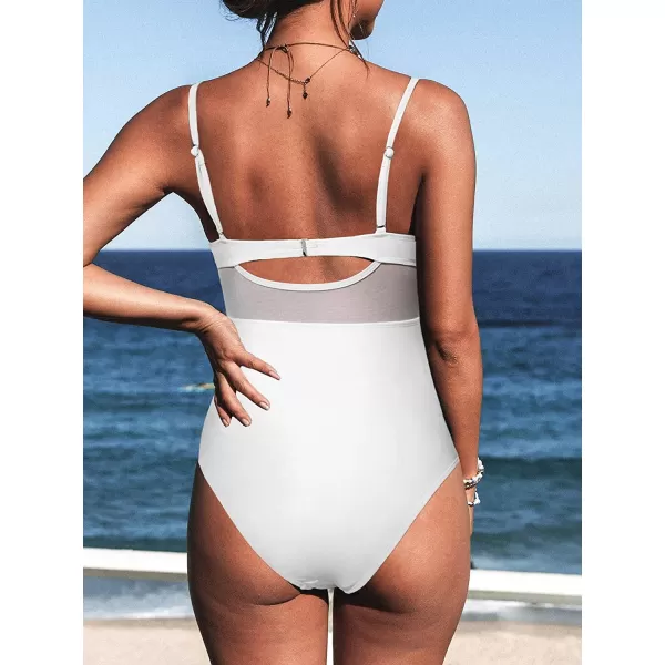 imageCUPSHE Women V Neck One Piece Swimsuit Wrapped Mesh Tummy Control Bathing Suit with Adjustable Spaghetti StrapsWhite
